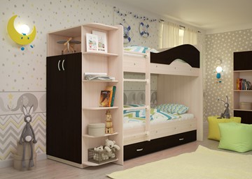 Детская двухэтажная кровать ТМК Мая на щитах со шкафом и ящиками, корпус Млечный дуб, фасад Венге в Смоленске