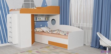 Детская кровать-чердак Кадет-2 с металлической лестницей, корпус Белое дерево, фасад Оранжевый в Смоленске
