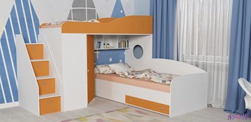 Детская кровать-чердак Кадет-2 с универсальной лестницей, корпус Белое дерево, фасад Оранжевый в Смоленске