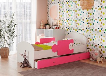 Детская кровать с ящиком и бортиками Мозайка, корпус Белый/фасад Розовый (ламели) в Смоленске
