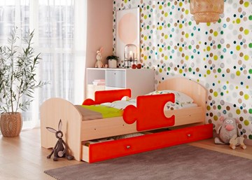 Кровать детская с бортиками и ящиком Мозайка, корпус Млечный дуб/фасад Оранжевый (ламели) в Смоленске
