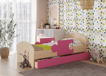 Кровать детская с бортиками и ящиком Мозайка, корпус Млечный дуб/фасад Розовый (ламели) в Смоленске