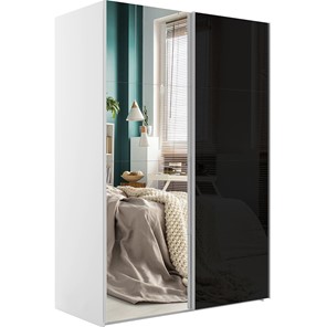 Шкаф 2-х дверный Эста (Зеркало/Стекло черное) 1600x660x2200, белый снег в Смоленске
