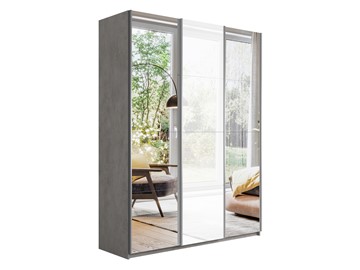 Шкаф 3-дверный Широкий Прайм (2 Зеркала / Стекло белое) 2400x570x2300, Бетон в Смоленске