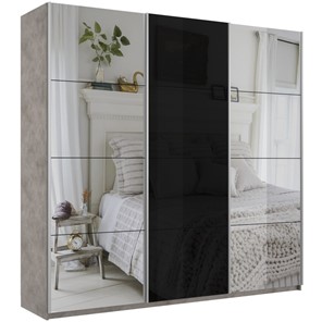 Шкаф 3-х дверный Широкий Прайм (2 Зеркала / Стекло черное) 2400x570x2300, Бетон в Смоленске