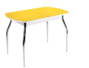 Кухонный раздвижной стол ПГ-07 СТ2, белое/желтое стекло/35 хром гнутые металл в Смоленске