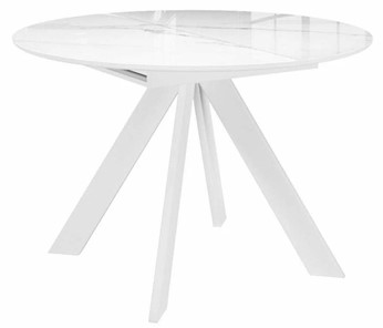 Стеклянный кухонный стол раздвижной DikLine SFC110 d1100 стекло Оптивайт Белый мрамор/подстолье белое/опоры белые в Смоленске