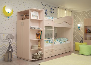 Двухэтажная детская кровать Мая на щитах со шкафом и ящиками, цвет Млечный дуб в Смоленске - предосмотр