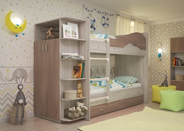 Двухъярусная детская кровать Мая на щитах со шкафом и ящиками, корпус Шимо светлый, фасад Шимо темный в Смоленске