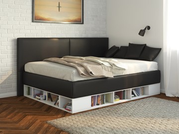 Кровать подростковая Lancaster 1, 140х200, ЛДСП белая, экокожа черная в Смоленске