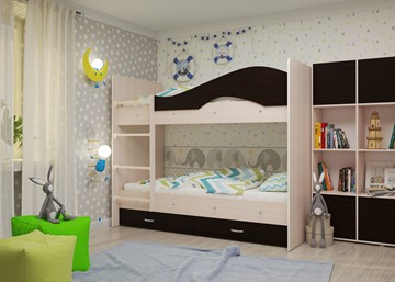 Детская  двухъярусная кровать Мая с 2 ящиками на щитах, корпус Млечный дуб, фасад Венге в Смоленске - предосмотр 1