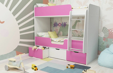 Детская двухэтажная кровать Малыш двойняшка 70х160, корпус Белое дерево, фасад Розовый в Смоленске - предосмотр