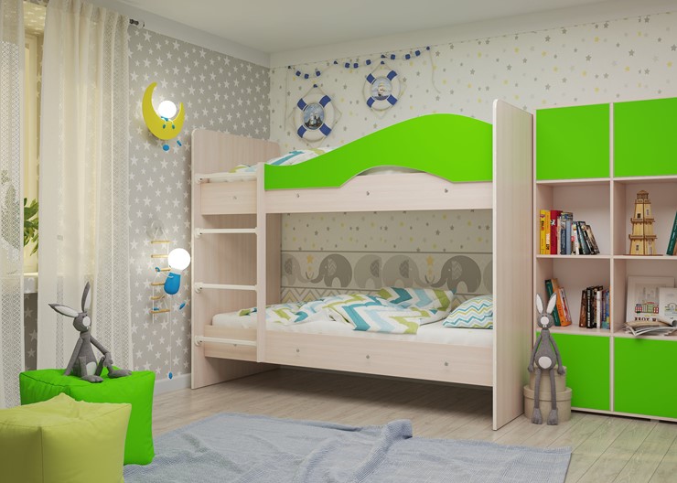 Детская 2-этажная кровать Мая на щитах, корпус Млечный дуб, фасад Салатовый в Смоленске - изображение 1