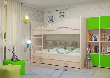 Двухэтажная детская кровать Мая на щитах со шкафом и ящиками, цвет Млечный дуб в Смоленске - предосмотр 1