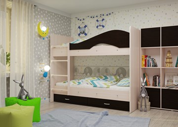 Детская двухэтажная кровать Мая на щитах со шкафом и ящиками, корпус Млечный дуб, фасад Венге в Смоленске - предосмотр 1