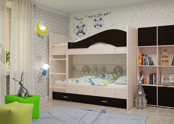 Детская двухэтажная кровать Мая на щитах со шкафом и ящиками, корпус Млечный дуб, фасад Венге в Смоленске - изображение 1