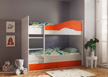 Детская 2-этажная кровать Мая с 2 ящиками на щитах, корпус Млечный дуб, фасад Оранжевый в Смоленске - предосмотр
