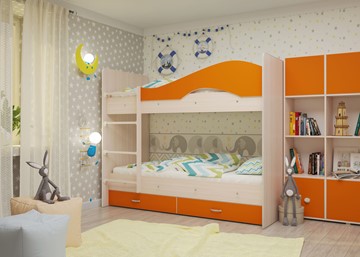 Детская 2-этажная кровать Мая с 2 ящиками на щитах, корпус Млечный дуб, фасад Оранжевый в Смоленске - предосмотр 3