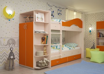 Детская 2-этажная кровать Мая с 2 ящиками на щитах, корпус Млечный дуб, фасад Оранжевый в Смоленске - предосмотр 1