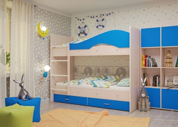 Детская двухъярусная кровать Мая с 2 ящиками на щитах, корпус Млечный дуб, фасад Синий в Смоленске - предосмотр 3