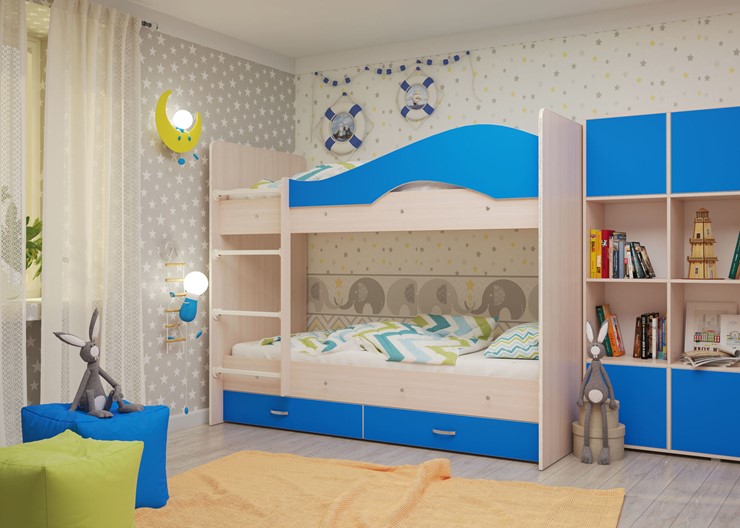 Детская двухъярусная кровать Мая с 2 ящиками на щитах, корпус Млечный дуб, фасад Синий в Смоленске - изображение 3