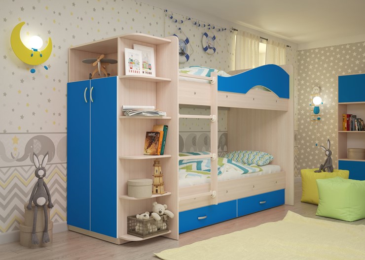 Детская двухъярусная кровать Мая с 2 ящиками на щитах, корпус Млечный дуб, фасад Синий в Смоленске - изображение 1