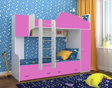 Детская двухъярусная кровать Юниор-2, каркас Белое дерево, фасад Розовый в Смоленске - предосмотр
