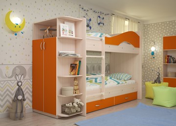 Детская 2-ярусная кровать Мая на щитах со шкафом и ящиками, корпус Млечный дуб, фасад Оранжевый в Смоленске