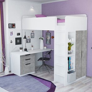 Кровать-чердак с письменным столом и шкафом POLINI Kids Simple Белый / Бетон в Смоленске - предосмотр 1