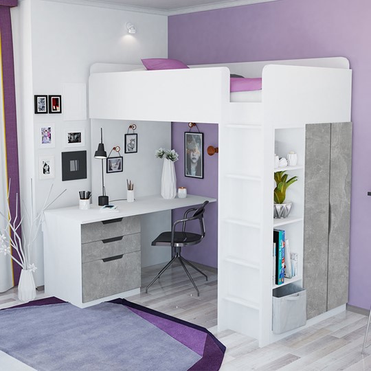 Кровать-чердак с письменным столом и шкафом POLINI Kids Simple Белый / Бетон в Смоленске - изображение 1