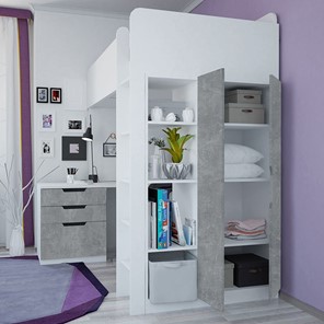 Кровать-чердак с письменным столом и шкафом POLINI Kids Simple Белый / Бетон в Смоленске - предосмотр 2