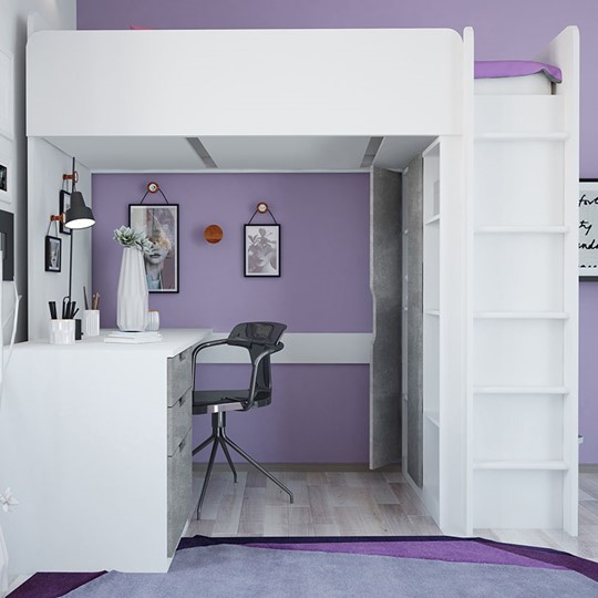 Кровать-чердак с письменным столом и шкафом POLINI Kids Simple Белый / Бетон в Смоленске - изображение 5