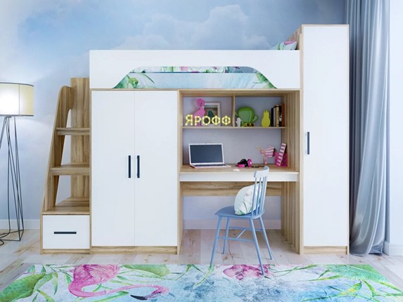 Кровать-чердак с шкафом Тея, каркас Ясень, фасад Белый в Смоленске - изображение