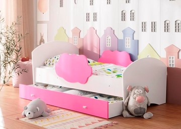 Кровать детская Тучка с ящиком, корпус Белый, фасад Розовый в Смоленске