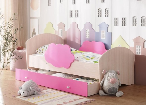 Кровать детская Тучка с ящиком, корпус Дуб млечный, фасад Розовый в Смоленске - изображение