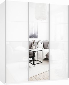 Шкаф-купе трехдверный Прайм (Белое стекло/Зеркало/Белое стекло) 1800x570x2300, белый снег в Смоленске