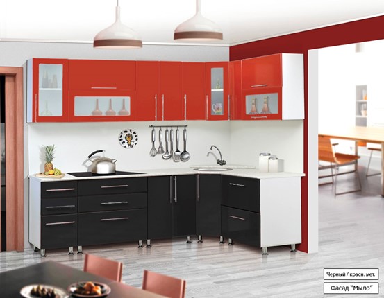 Кухонный угловой гарнитур Мыло 224 2600х1600, цвет Черный/Красный металлик в Смоленске - изображение