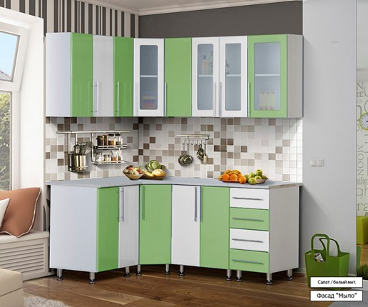 Кухня угловая Мыло 224 1800х1400, цвет Салат/Белый металлик в Смоленске - изображение