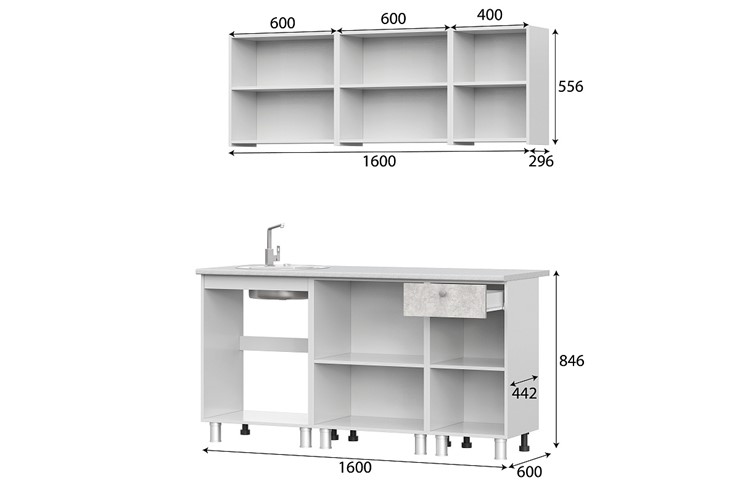 Кухонный гарнитур КГ-1 1600, белый/белый/цемент светлый/антарес в Смоленске - изображение 2