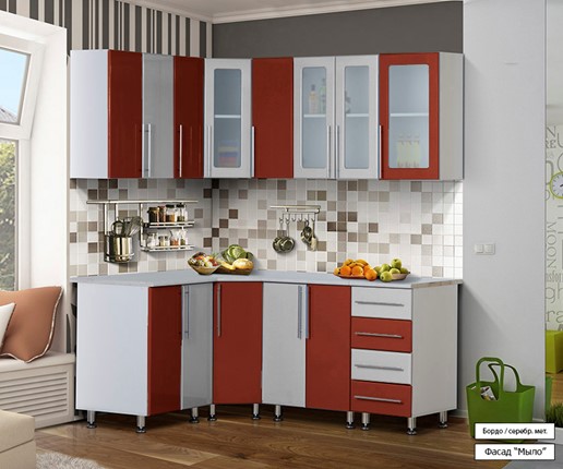 Угловой кухонный гарнитур Мыло 224 1800х1400, цвет Бордо/Серебристый металлик в Смоленске - изображение