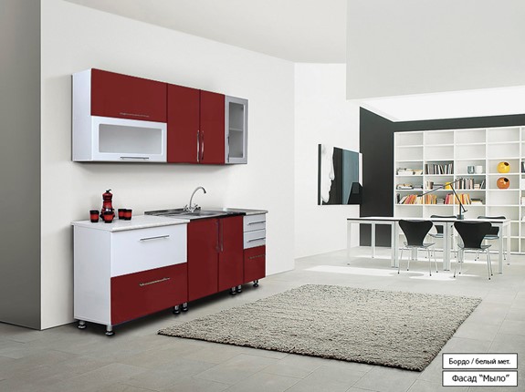 Модульный кухонный гарнитур Мыло 224 2000х718, цвет Бордо/Белый металлик в Смоленске - изображение