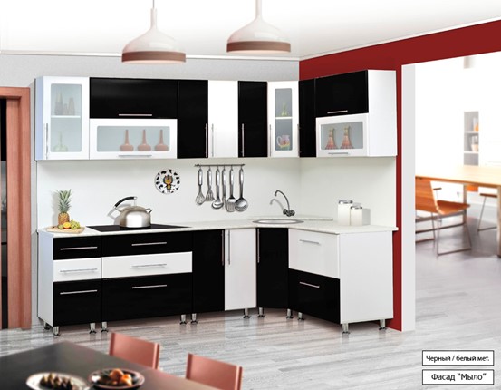 Кухня угловая Мыло 224 2600х1600, цвет Черный/Белый металлик в Смоленске - изображение