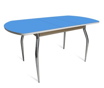 Раздвижной стол ПГ-07 СТ2, дуб молочный/синие стекло/35 хром гнутые металл в Смоленске - предосмотр