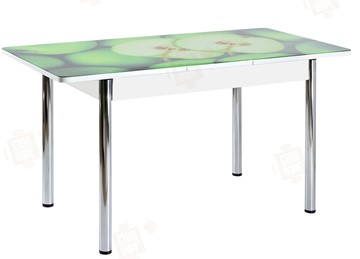 Кухонный стол раскладной Айсберг-02 СТФ, белое лдсп/зеленые яблоки/ноги хром прямые в Смоленске - предосмотр