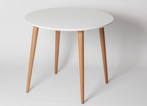 Кухонный раздвижной круглый стол Белая Эмаль д. 100 см МДФ ножки светлый орех в Смоленске - изображение