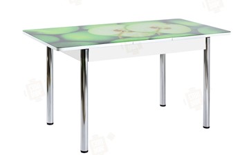 Кухонный стол раздвижной Айсберг-01 СТФ, белый/фотопечать зеленые яблоки/ноги хром круглые в Смоленске