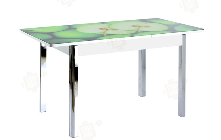 Обеденный раздвижной стол Айсберг-01 СТФ, белый/фотопечать зеленые яблоки/ноги хром квадратные в Смоленске - изображение 2