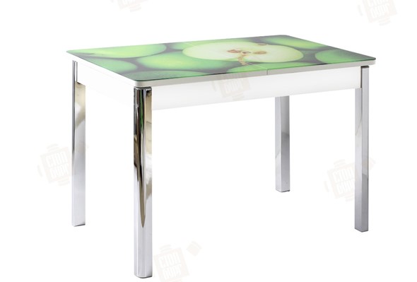 Обеденный раздвижной стол Айсберг-01 СТФ, белый/фотопечать зеленые яблоки/ноги хром квадратные в Смоленске - изображение