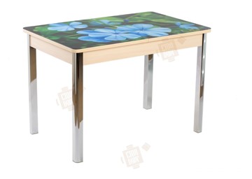 Кухонный стол раскладной Айсберг-01 СТФ, дуб/фотопечать фиалка/ноги хром квадратные в Смоленске