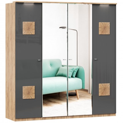 Шкаф 4х-дверный Фиджи с 2 зеркалами и декоративными накладками, Дуб золотой/Антрацит в Смоленске - изображение